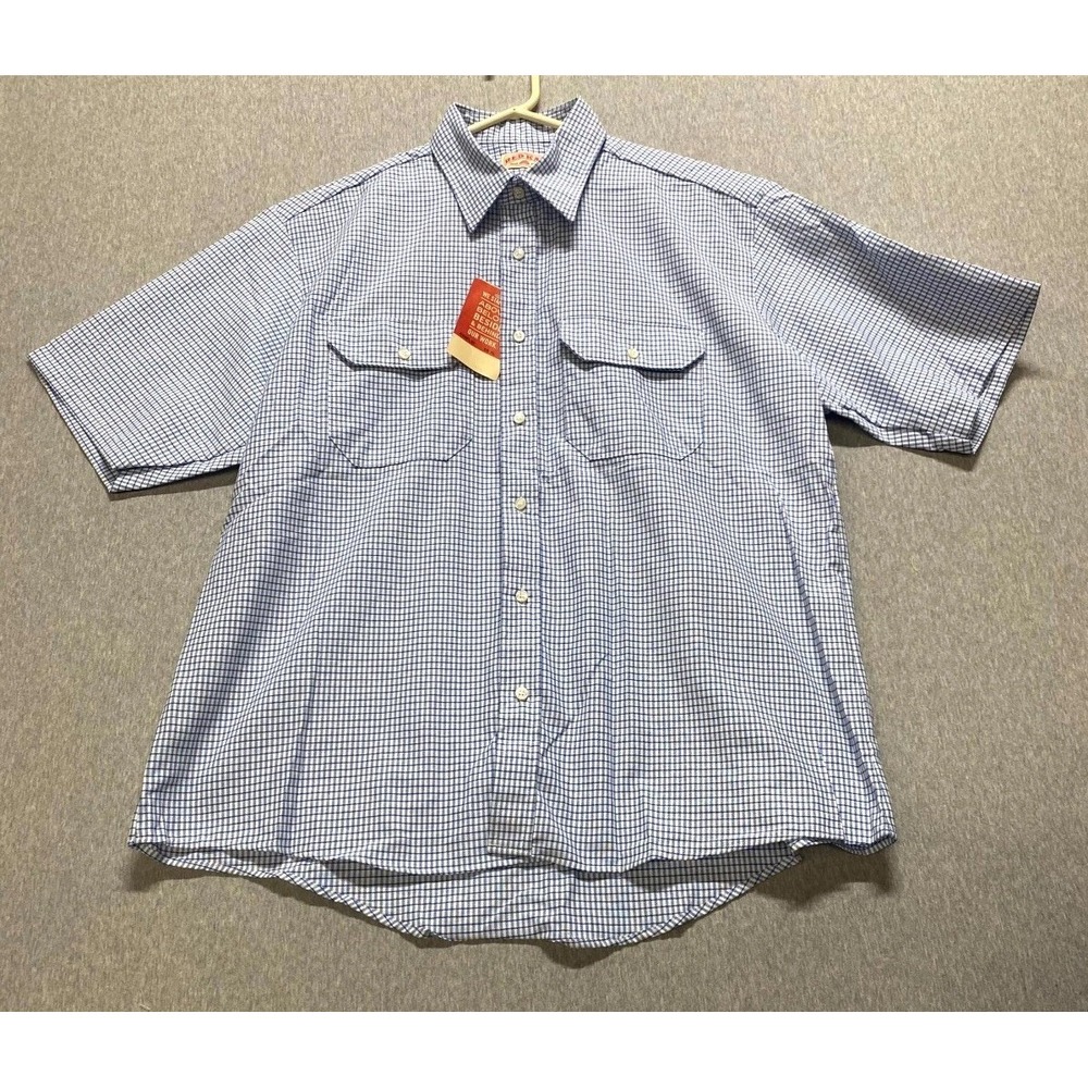 Red Kap Uniform Shirt Men XL White Blue Mini Plaid Cotton Short Sleeve Button Up